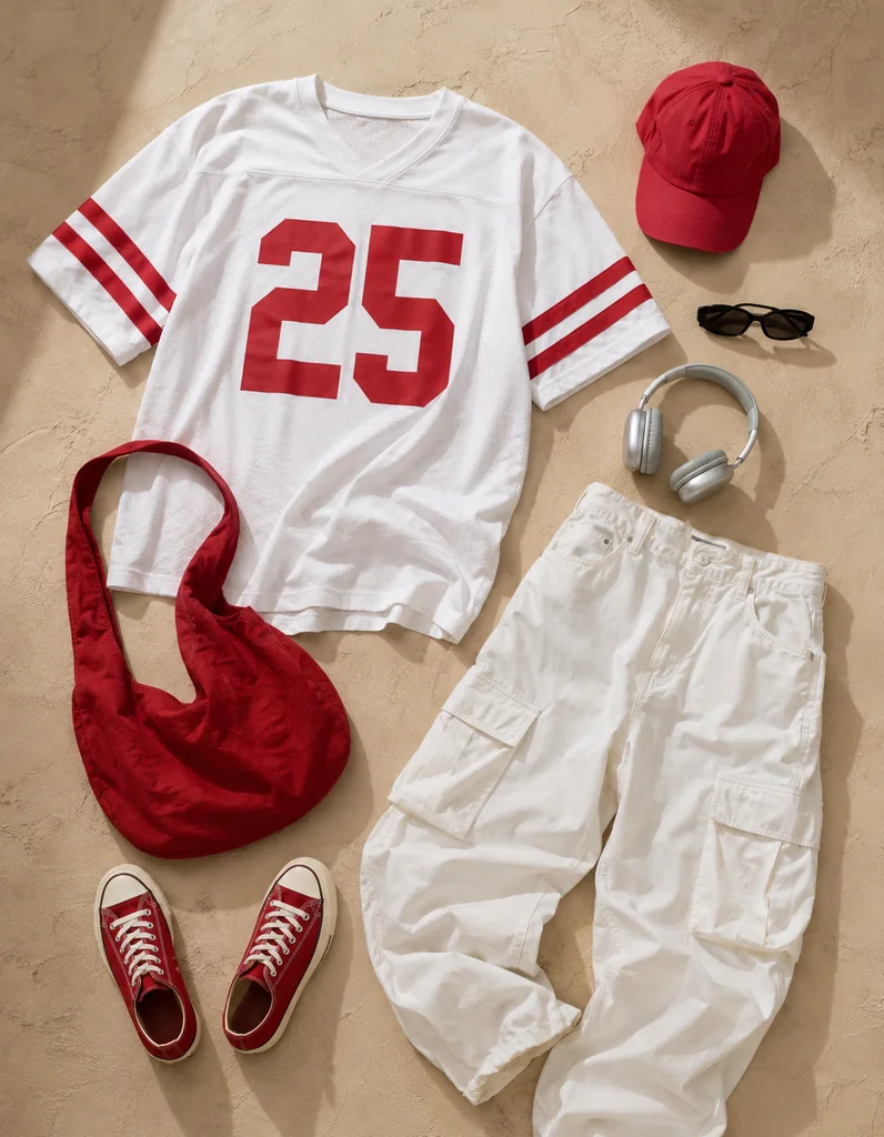 Red league outfit reference: white 25 jersey, red cap, white cargo trousers, red bag, and red sneakers