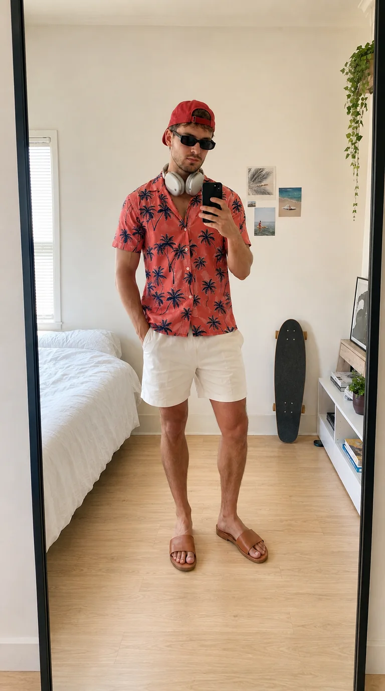 Original photo: an adult man taking a bedroom mirror selfie in a palm-print shirt, red cap, white shorts, and slides