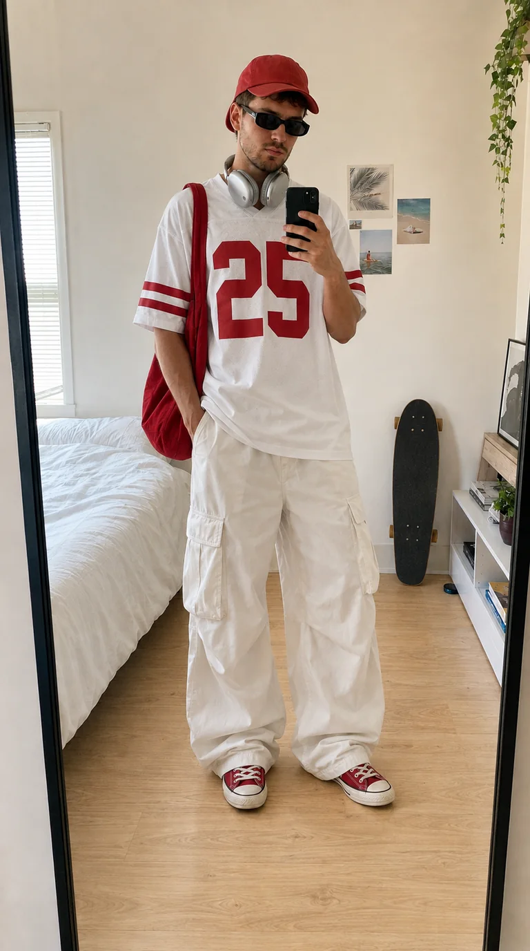 AI example: the same man in a red cap and white-and-red 25 jersey, taking a mirror selfie