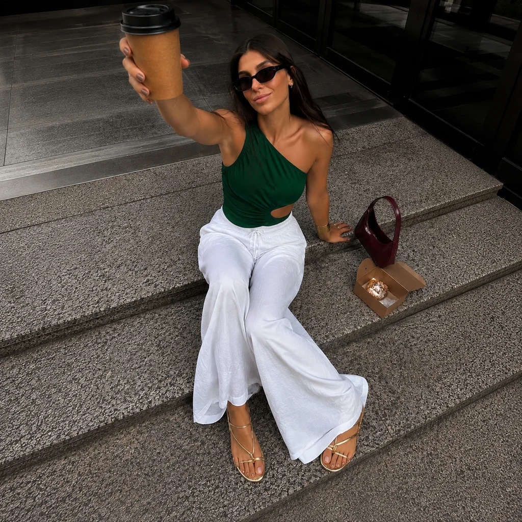 AI example: the same woman on city steps in a green one-shoulder top, white wide-leg trousers, and gold sandals