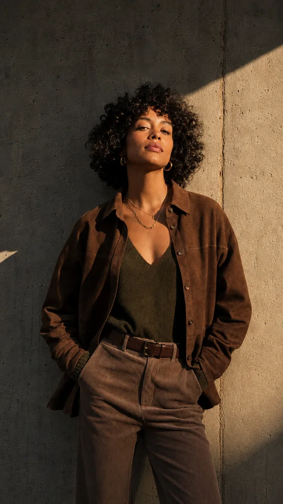 Original photo: a woman in a brown jacket and trousers leaning against a sunlit stone wall