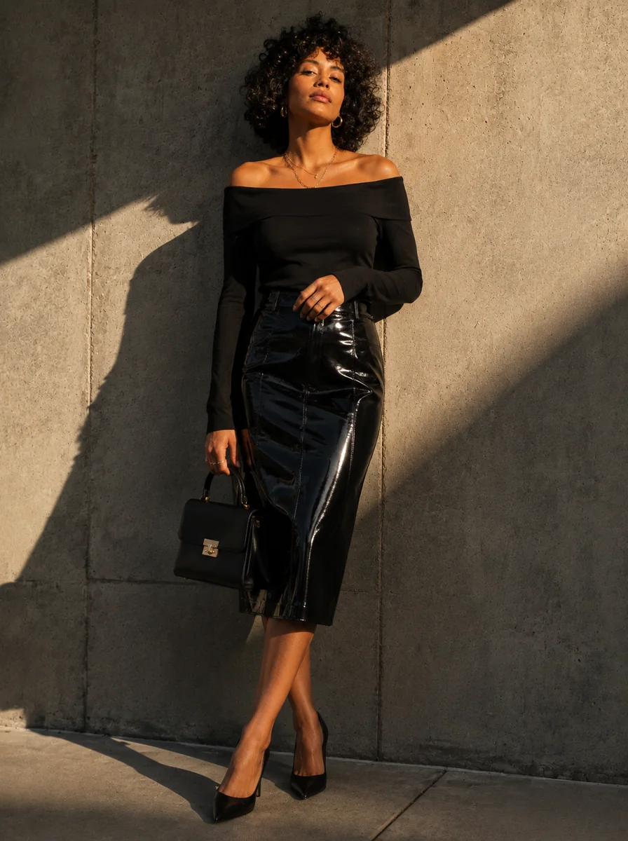 AI example: the woman wearing a black off-shoulder top and glossy skirt by the same sunlit wall