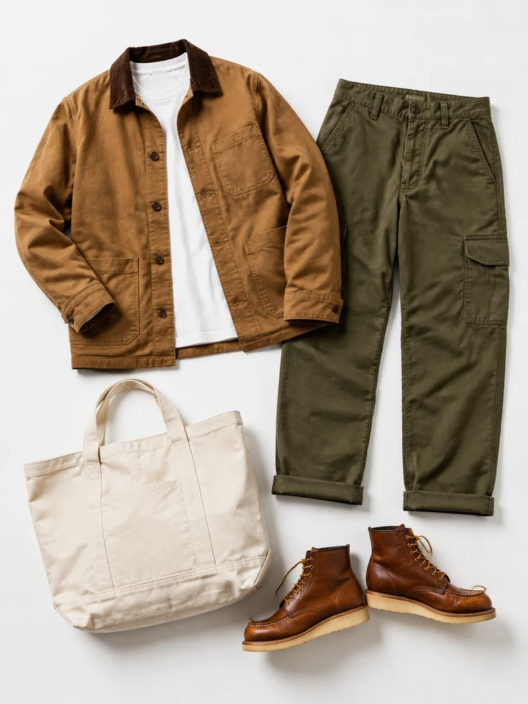 Weekend workwear outfit reference: tan chore jacket, white T-shirt, olive cargo trousers, canvas tote, and brown boots