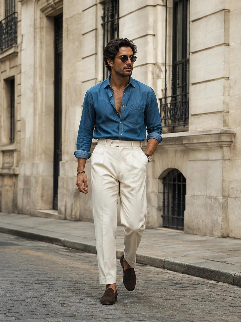 Original photo shared by both looks: an adult man walking a city street in a blue denim shirt, cream trousers, and loafers