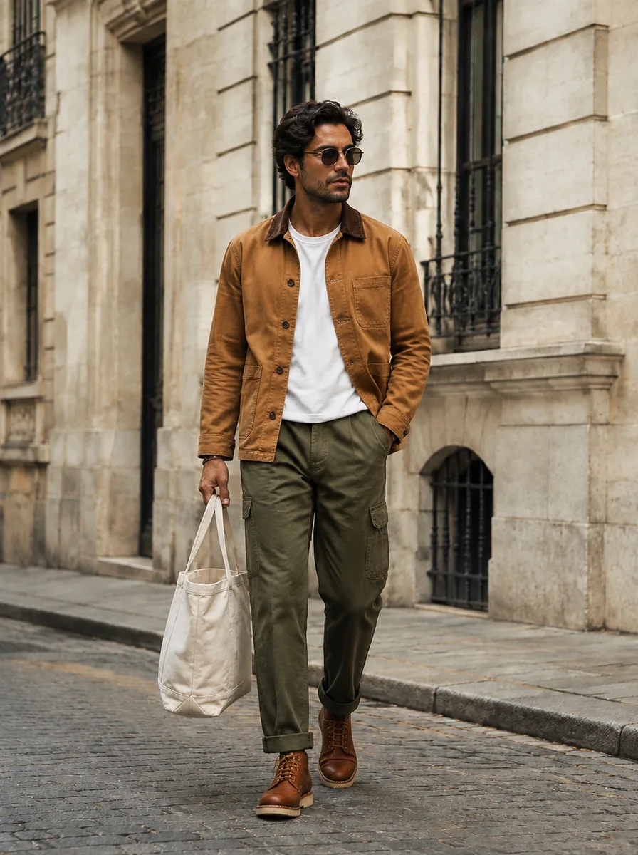 AI example: the same man in a tan chore jacket, white T-shirt, olive trousers, and brown boots, carrying a canvas tote