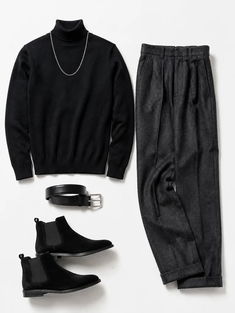 Midnight knit outfit reference: black turtleneck, grey trousers, black belt, and black Chelsea boots