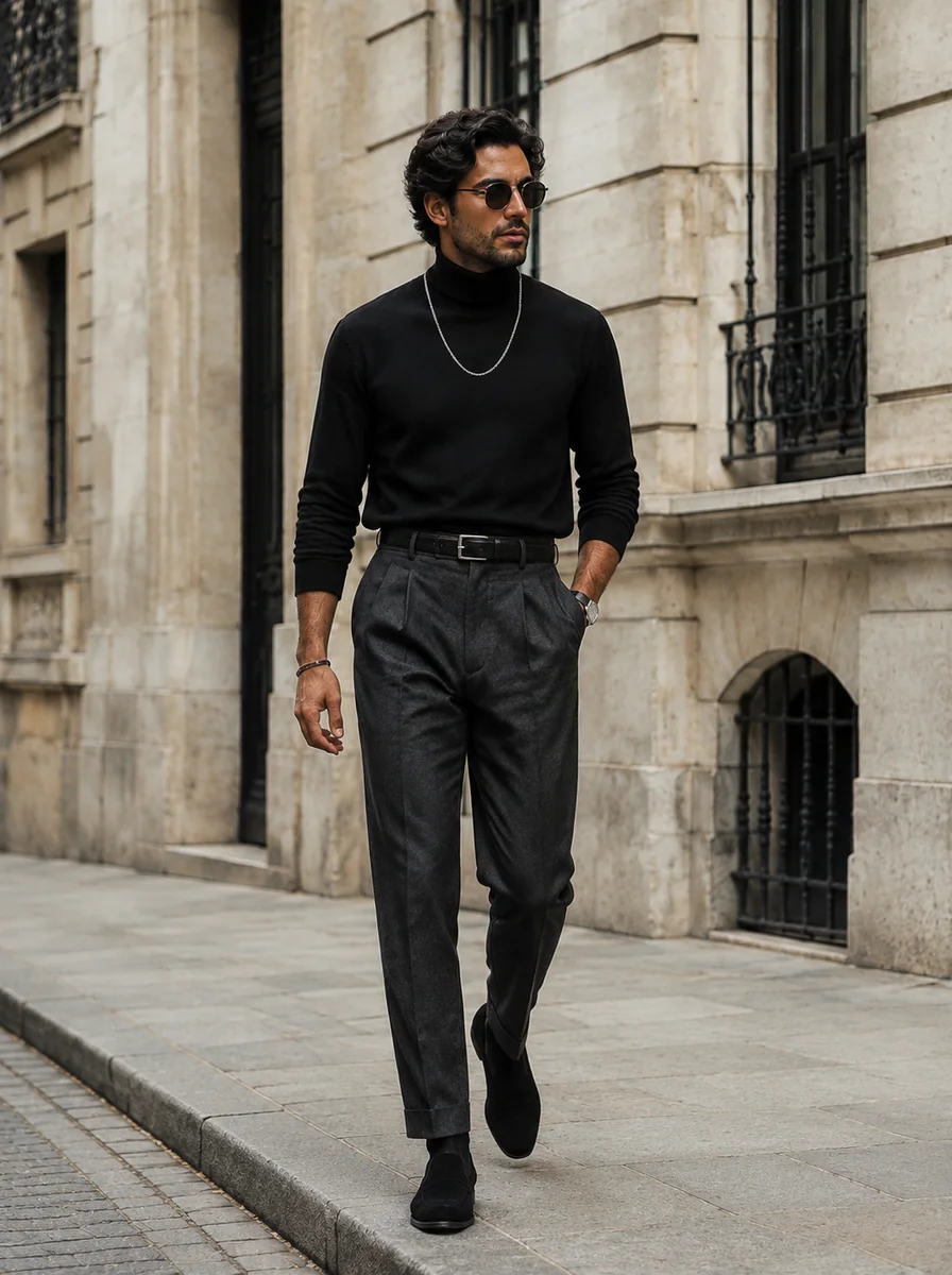 AI example: the same man in a black turtleneck, grey trousers, and black Chelsea boots on a city street