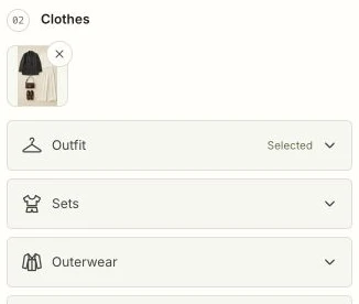 Current Try On Up clothes step: a selected outfit thumbnail above Outfit, Sets, and Outerwear