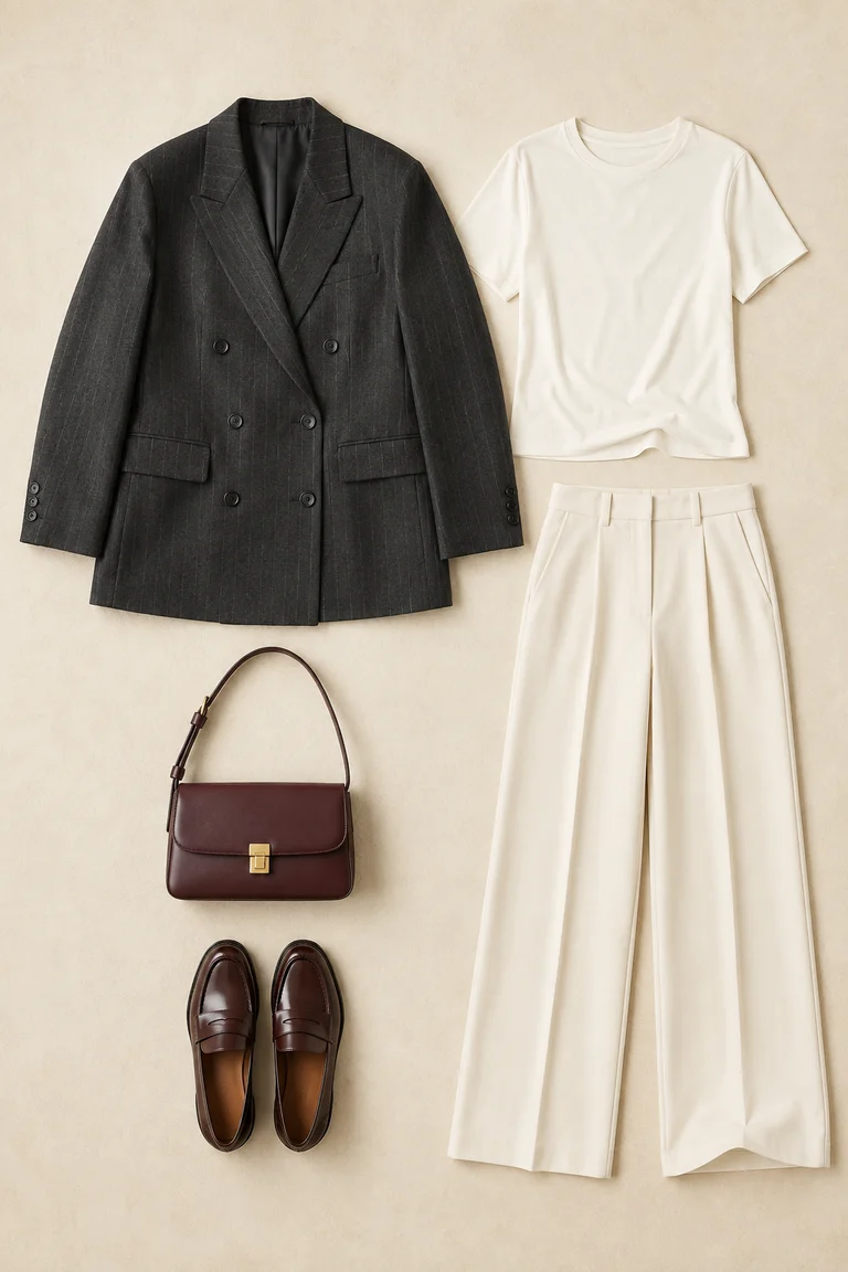 City layers complete outfit reference photographed as a flat lay